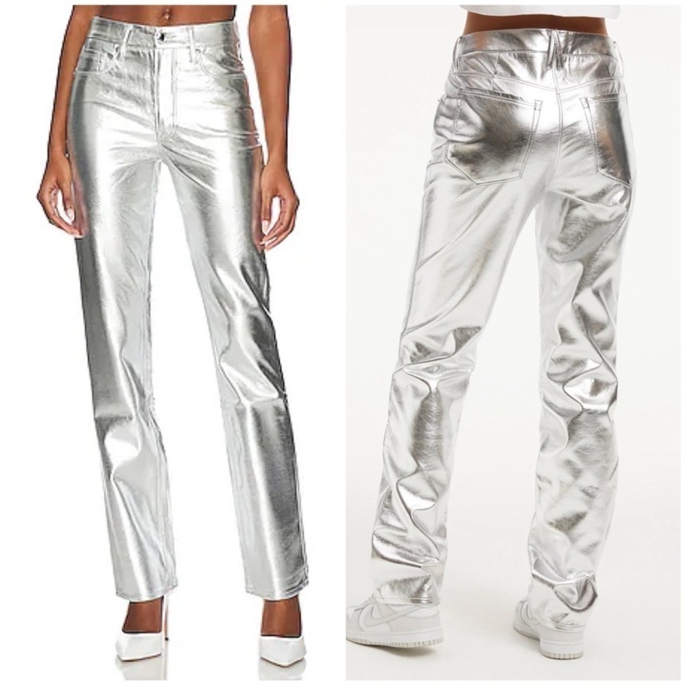 Good American Faux Leather Metallic Pants Good Icon Straight Leg Silver Size 10